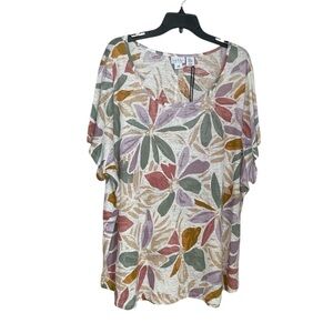 Nicole Miller white with beige, purple, maroon and green leaf print top sz 3X